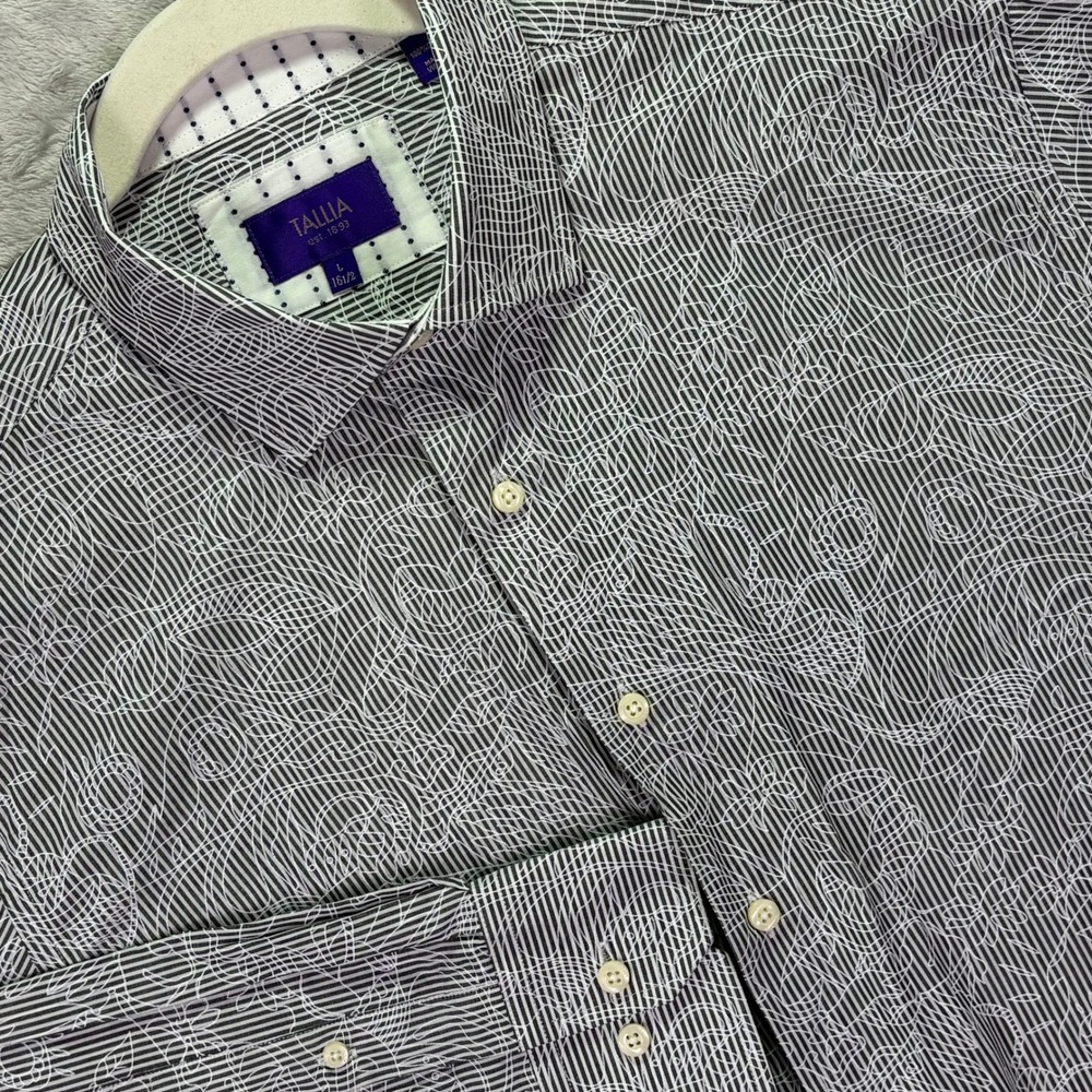 Tallia Mens Button Up Shirt Size L Black White Stripe Paisley Long Sleeve Cotton